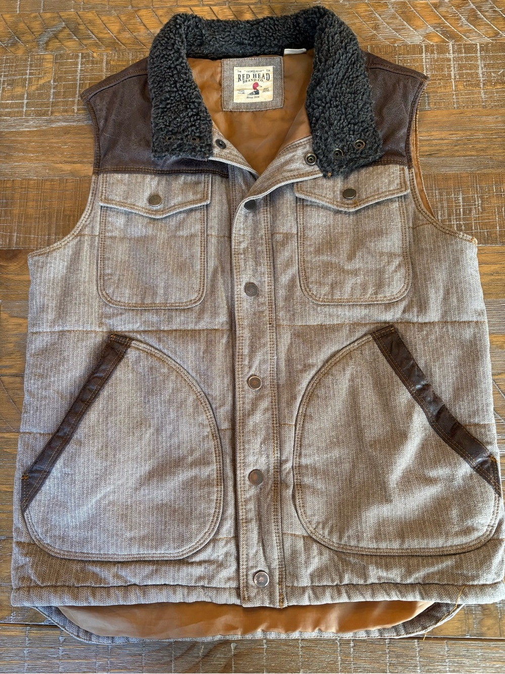 RedHead Men's Herringbone Brown and Black Sherpa Collar Work Vest, Size Small